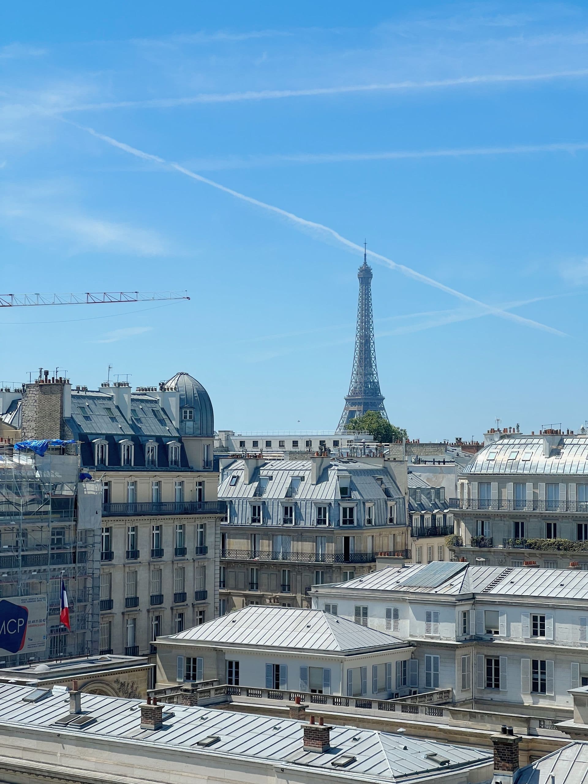 Les toits de Paris avec des grues de chantier et la tour Eiffel